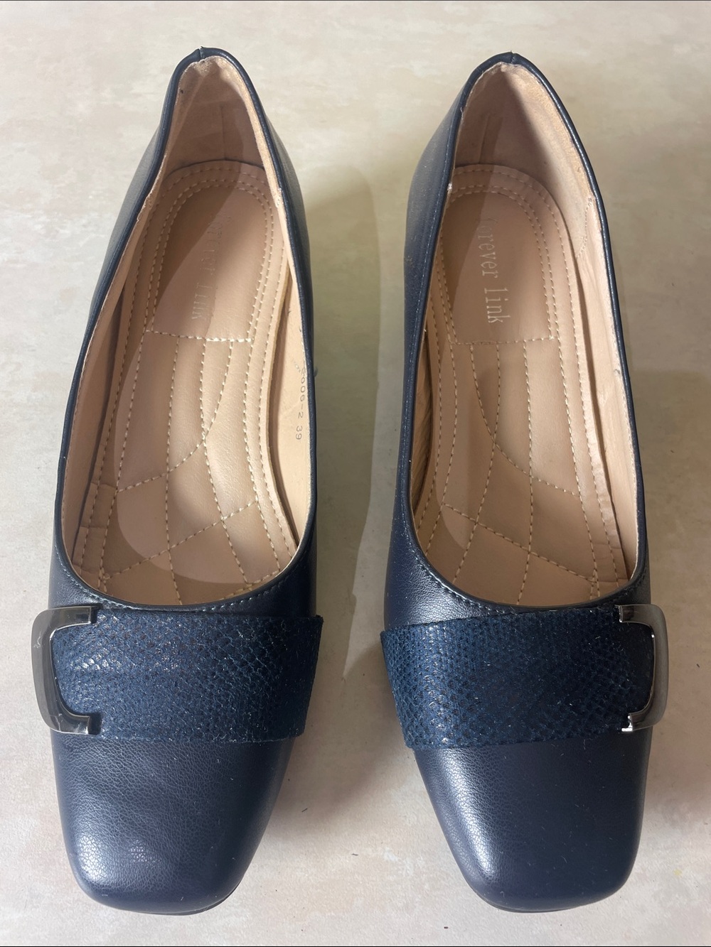 Forever Link Dark Blue Square-Toe Flats with Buckle Size 8-8.5